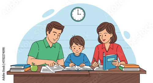 Family Time Father and Mother Helping Son with Homework at the Table