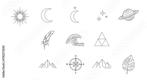 Collection of celestial and nature themed line art illustrations including moon sun planet and mountains