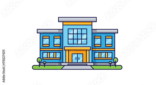 Illustration of a modern building with a blue facade and large windows, representing architecture and urban design