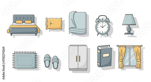 Illustration of bedroom items including bed, pillow, towel, clock, lamp, rug, slippers and wardrobe