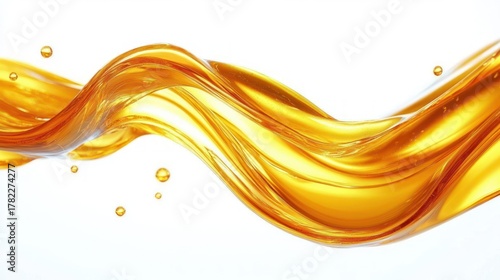 Smooth flowing golden liquid wave with droplets on bright white background conveying movement and fluidity