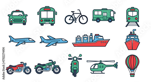 Illustration showcasing various modes of transportation including land air and water vehicles in a cartoon style
