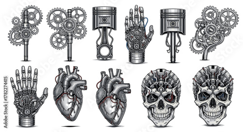 Steampunk mechanical parts and organs including gears pistons hands hearts and skulls in silver tones