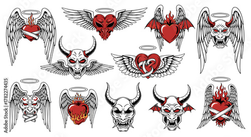 Collection of winged hearts and devilish faces with halos in black and white illustration style