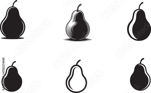 Collection of six hand drawn black and white pear illustrations