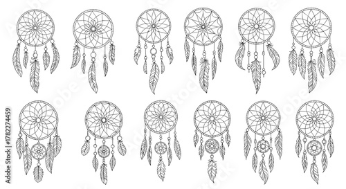 Collection of eleven detailed dreamcatchers with feathers and beads in a black and white illustration