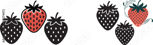 Stylized red and black strawberries with green leaf accents on a white background