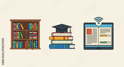 Education and Learning Illustrated Icons of Bookshelves, Stacks of Books, and a Digital Tablet