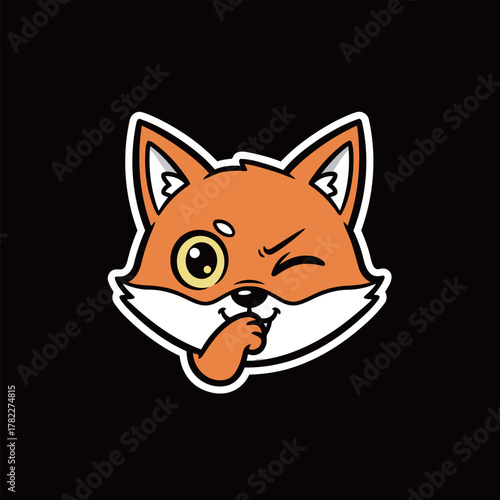 Sneaky Orange Fox Head Winking Cartoon Character Sticker: Sly and Mischievous Wild Animal Mascot for Cunning and Secret