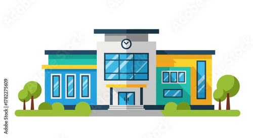 Modern Building Illustration with Colorful Sections and Greenery