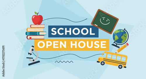 School Open House with Apple, Books, Microscope and Bus Illustration