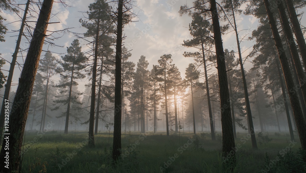 Fototapeta premium A tranquil forest scene featuring towering pine trees under a foggy dawn sky, highlighting seasonal change