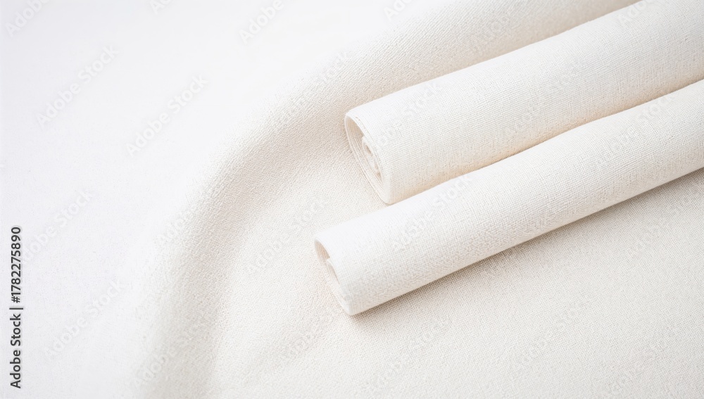 Fototapeta premium Linen fabric rolls arranged on a white background, ideal for textile projects