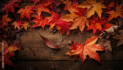 Colorful autumn maple leaves on a wooden surface, seasonal change