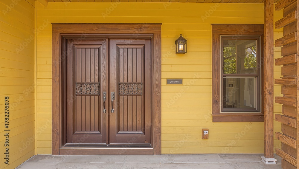 Fototapeta premium Access to a yellow house featuring dual brown metal doors and a window