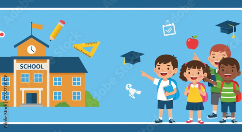 Happy diverse children with backpacks ready for a new school year, an illustration with educational icons representing learning and friendship