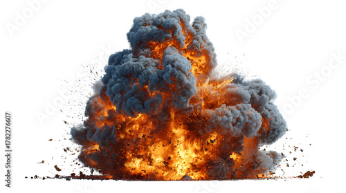 Intense fiery explosion with smoke and debris isolated on transparent background