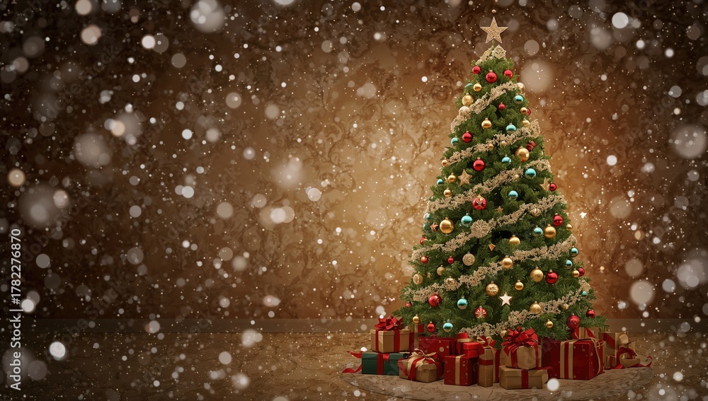 Obraz premium Christmas tree adorned with festive ornaments, seasonal celebration