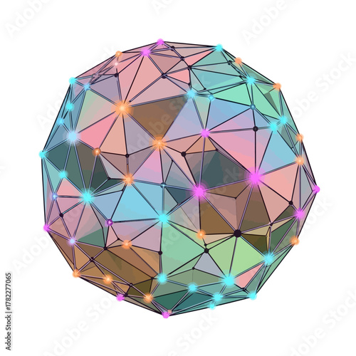 Geometric sphere illustration featuring triangles, connected points, and vibrant color gradients