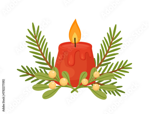 red melting candle with flame, framed by green pine fir branches and mistletoe with yellow berries. Festive flat vector design ideal for Christmas cards, winter holiday banners, and seasonal decor