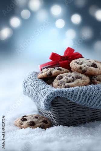bakery gift hamper campaign, wicker basket with holiday treats, blanket of snow texture under