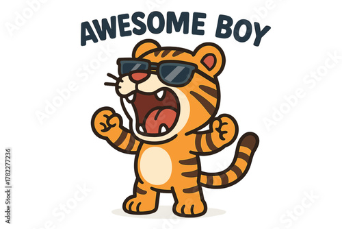Cute tiger character with sunglasses and spirited expression celebrating joy and confidence in a playful and vibrant style