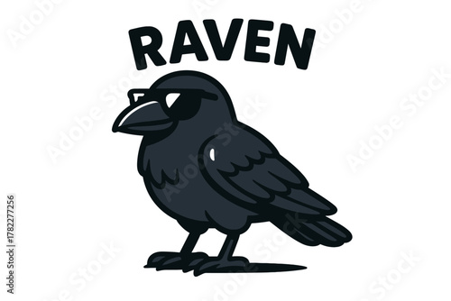 Cool raven wearing sunglasses stands confidently in a playful design, showcasing its unique character and style