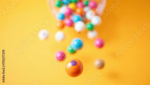 Colorful candy balls scattered on a yellow surface creating a playful scene