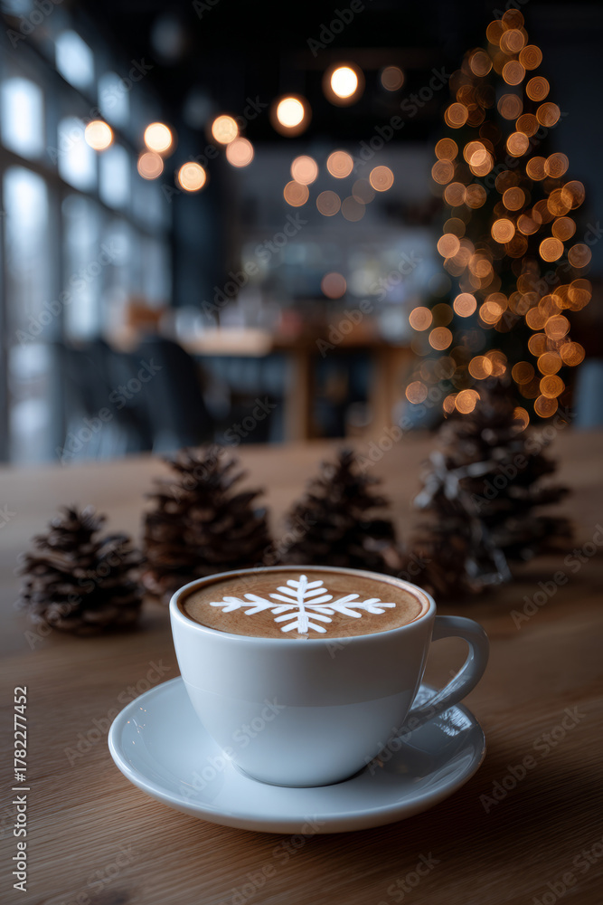 Obraz premium Cozy Café Winter Flat Lay coffee shop seasonal menu banner, cup of latte with snowflake art on foam, ambient wood table 