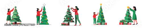 Family Decorating Christmas Tree Mother and Daughter Flat Vector Illustration Set