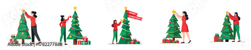 Woman Decorating Christmas Tree Placing Star Topper Flat Vector Illustration