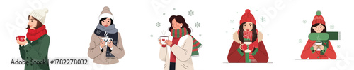 Winter Fashion Woman Drinking Hot Coffee Wearing Scarf and Coat Flat Vector