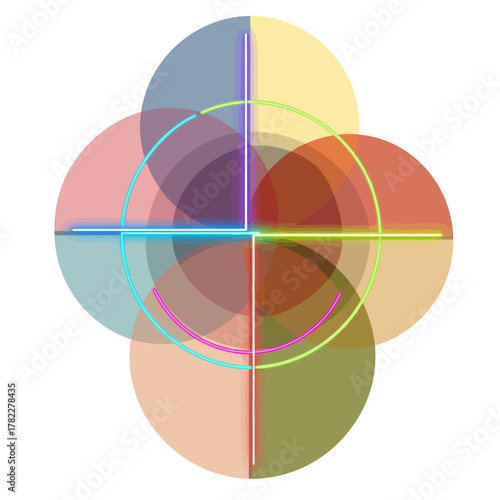 Abstract Geometric Composition Overlapping Circles and Neon Lines - Modern Design Element