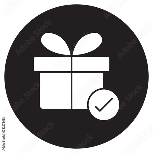 Gift Box with Check Mark Icon, Verified Reward Gift Box, Appreciation Bonus Package, Approved Celebration Gift, Achievement Completion Gift, vector