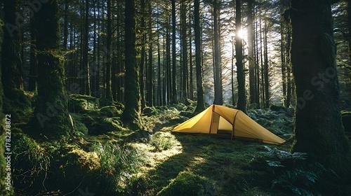 Yellow solo tent nestled in a lush green mossy forest with tall trees, golden sunlight filtering through the canopy, suggesting wilderness exploration, adventure, and solitude
