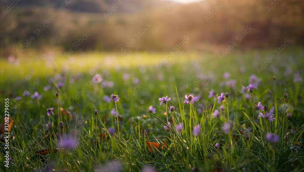 Fototapeta premium A field full of small purple flowers, vibrant landscape for springtime travels