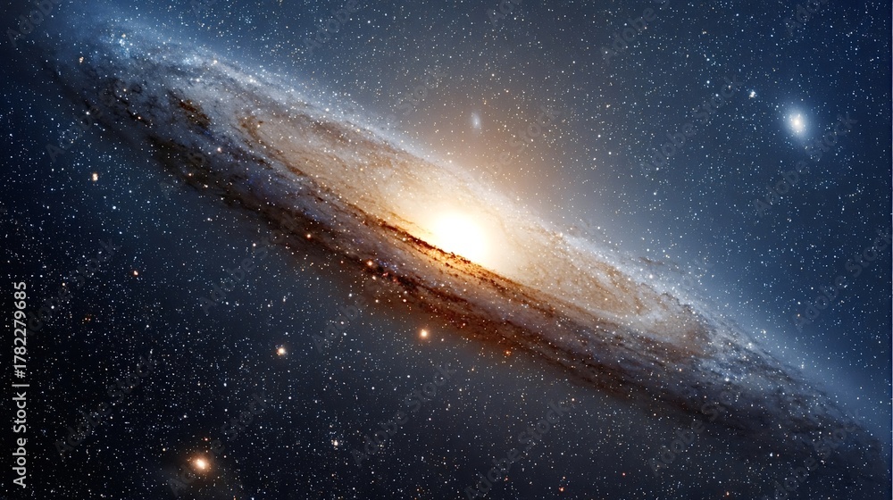 Fototapeta premium Andromeda galaxy presenting its spiral arms and bright core, composed of countless stars and gas clouds, set against a dark starry background of the vast universe