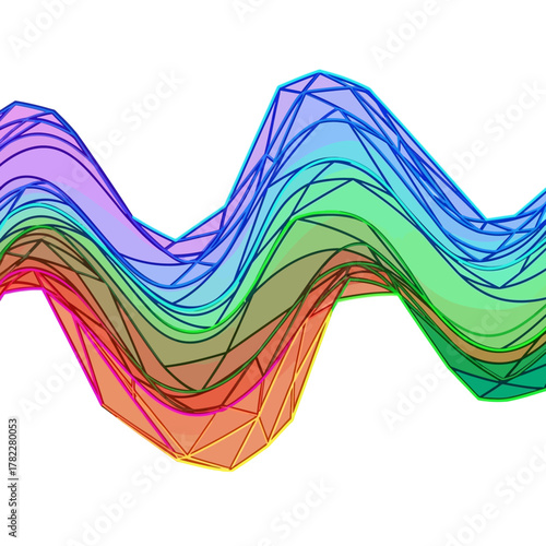 A fluid abstract concept of a colorful spectrum wave constructed with a low-poly mesh, isolated on a white background for digital design