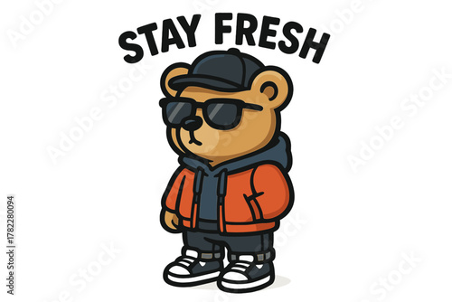 Cool bear character wearing sunglasses and a stylish outfit in a trendy urban setting promoting a fresh lifestyle