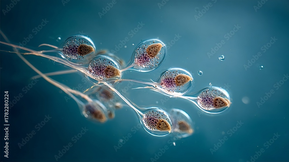 Obraz premium Microscopic cells resembling tadpoles, appearing encapsulated with granular structures, floating in a clear blue liquid, showcasing intricate cellular biology and potential early life forms