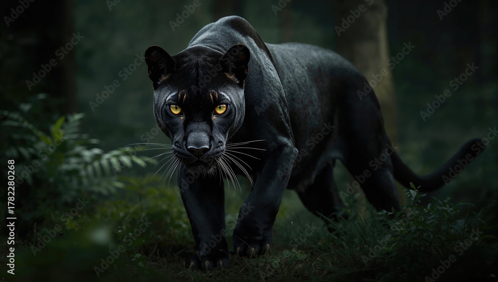 Naklejka premium Wild black panther in Khao Yai, observing its natural habitat, endangered species awareness