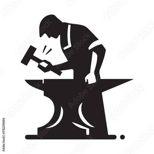 Blacksmith at Anvil vector silhouette outline logo design concept illustration