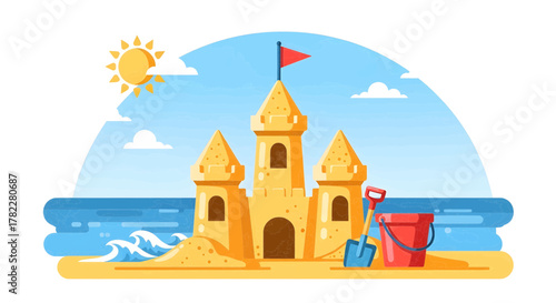 Sandcastle on Beach with Bucket and Shovel Under a Sunny Sky by the Ocean Waves