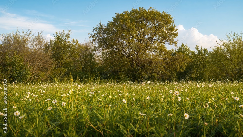 Obraz premium Lush green natural setting with daisies in the field, ideal for nature-themed visuals