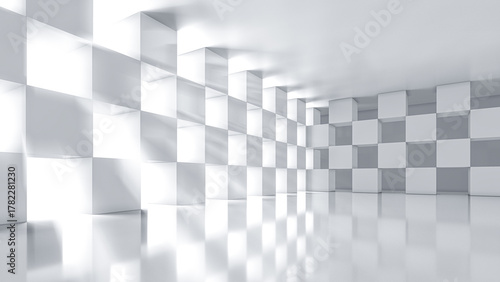 Fototapeta Naklejka Na Ścianę i Meble -  Minimalist interior with white cubic structures arranged in a checkerboard pattern background. Soft lighting, clean reflections. 3d rendering