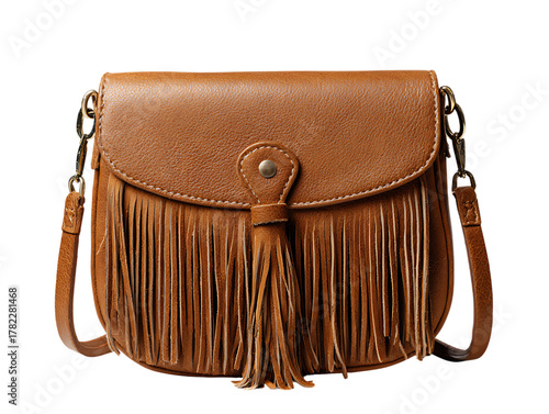 Fringe detailed brown leather crossbody bag
