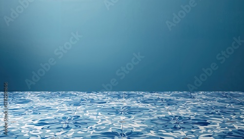 Ceramic floor design featuring a blue backdrop, suitable for retail displays, interior design applications