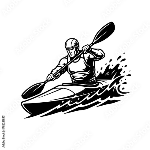 Dynamic Kayaker Paddling - Clean Bold Black and White Vector Illustration Generative ai 
