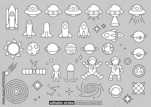 宇宙・天文　アイコンセット（編集可能なストローク）