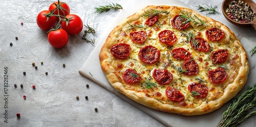 Freshly baked pizza topped with cherry tomatoes, melted cheese, and rosemary sprigs on a white surface with scattered peppercorns and whole vine tomatoes beside it